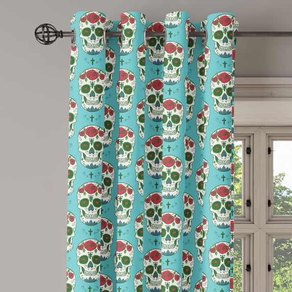 Ambesonne Colorful Grommet Curtain Single Panel, Roses on Skull Pattern, 50"x60", Seafoam Green and Ruby