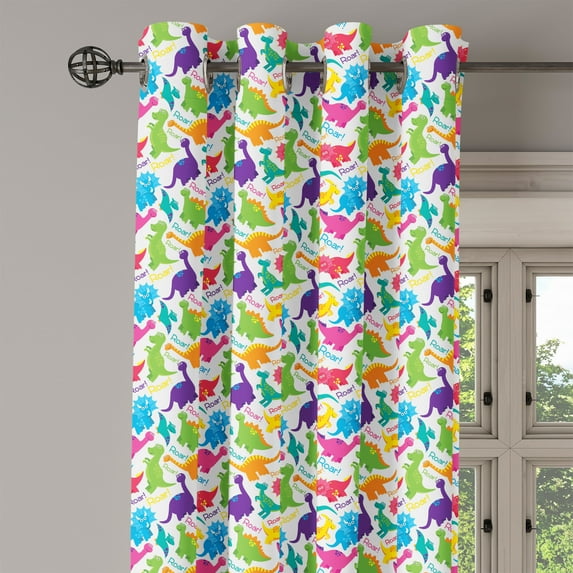 Ambesonne Colorful Grommet Curtain Single Panel, Wild Dinosaur Cartoon, 50"x60", Multicolor
