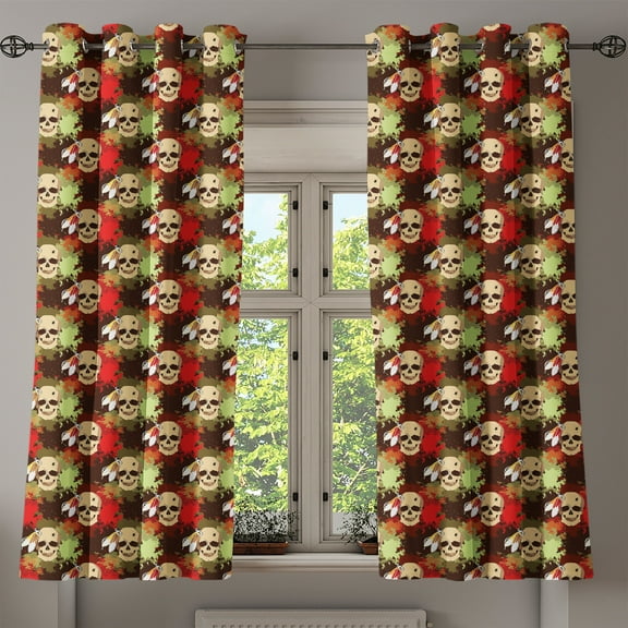 Ambesonne Colorful Grommet Curtain, Skull Feather Pattern, 50" x 54", Pistachio Green Cream