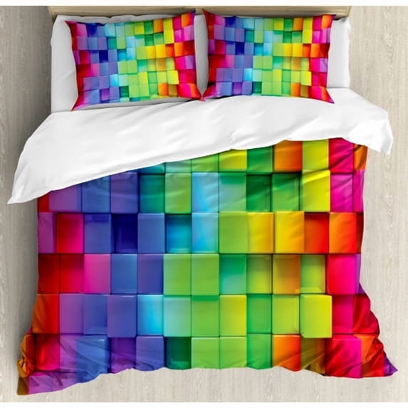 Ambesonne Colorful Home Rainbow Contour Display Futuristic Block Brick-Like Geometric Artisan Duvet Cover Set