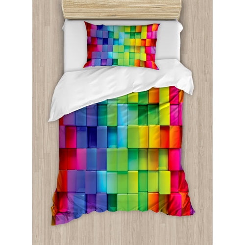 Ambesonne Colorful Home Rainbow Contour Display Futuristic Block Brick-Like Geometric Artisan Duvet Cover Set