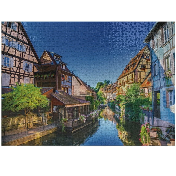 Ambesonne Colorful Jigsaw Puzzle Durable Cardboard, Canal and Houses at Colmar, 1000 pcs, Cobalt Blue Multicolor