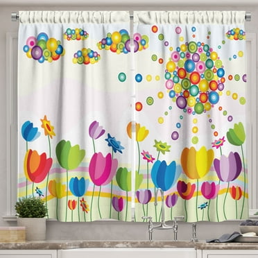 Ambesonne Colorful Kitchen Curtains, Abstract Flower Summer, 55"x45", Multicolor