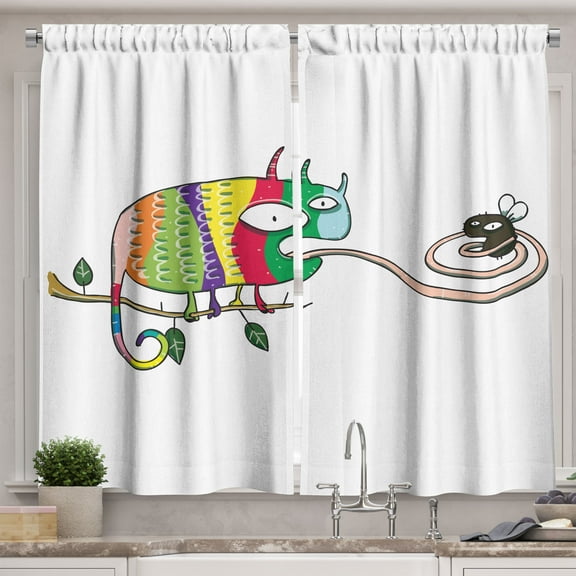 Ambesonne Colorful Kitchen Curtains, Chameleon on Branch, 55"x30", Multicolor