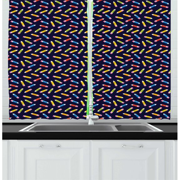 Ambesonne Colorful Kitchen Curtains, Color Pencils Art, 55"x45", Indigo and Multicolor