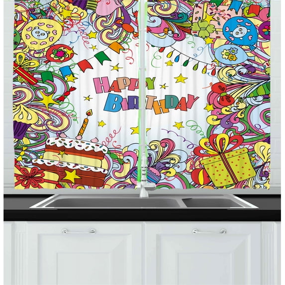 Ambesonne Colorful Kitchen Curtains, Colorful Cartoon Party, 55"x39", Multicolor