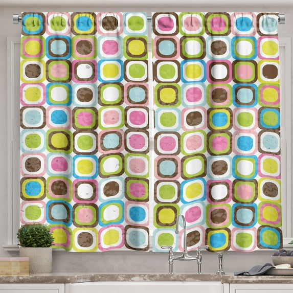 Ambesonne Colorful Kitchen Curtains, Cubes Inner Circles, 55"x39", Multicolor