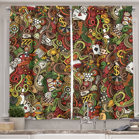 Ambesonne Colorful Kitchen Curtains, Doodle Style Art Bingo, 55"x39", Multicolor