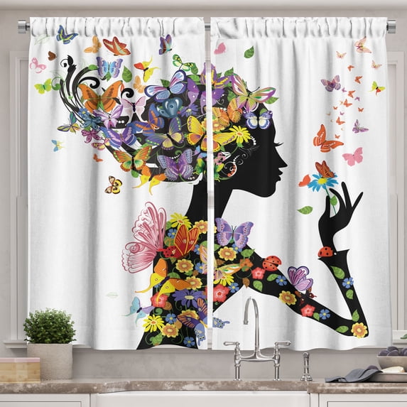 Ambesonne Colorful Kitchen Curtains, Flowers with Butterfly, 55"x45", Multicolor