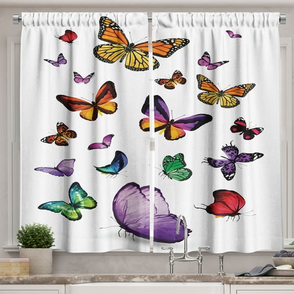 Ambesonne Colorful Kitchen Curtains, Flying Butterflies, 55"x30", Multicolor