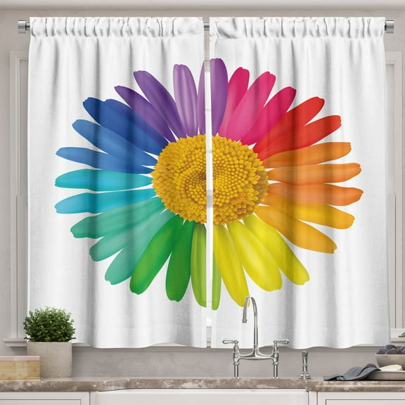 Ambesonne Colorful Kitchen Curtains, Graphic Flower Top Scene, 55"x45", Multicolor