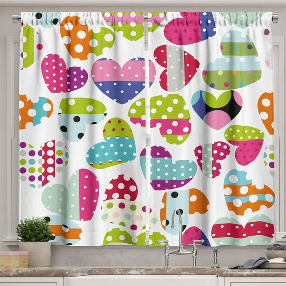 Ambesonne Colorful Kitchen Curtains, Heart Patches and Dots, 55"x39", Multicolor
