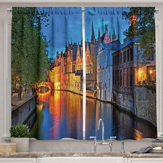 Ambesonne Colorful Kitchen Curtains, Middle Age Building, 55"x39", Multicolor