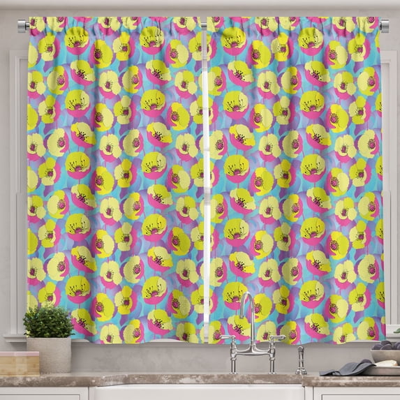 Ambesonne Colorful Kitchen Curtains, Neon Colored Poppy Flowers, 55"x45", Multicolor