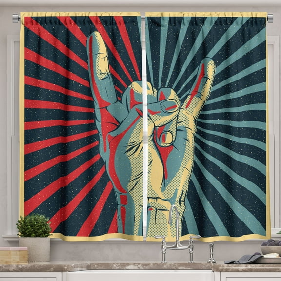 Ambesonne Colorful Kitchen Curtains, Rock 'n' Roll Hand Sign, 55"x30", Multicolor