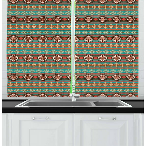 Ambesonne Colorful Kitchen Curtains, Sign Motif, 55"x45", Coral Teal and Brown