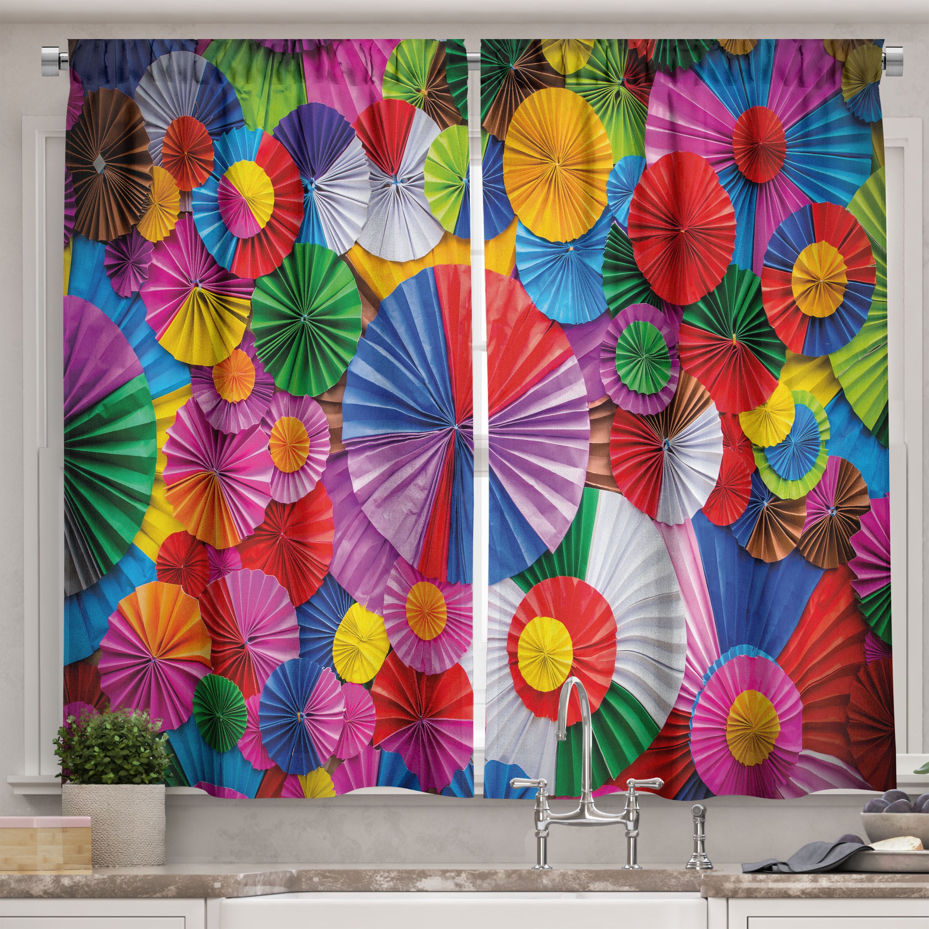 Drapery Top View Ambesonne Colorful Kitchen Curtains, Top View Origami Inspired, 55