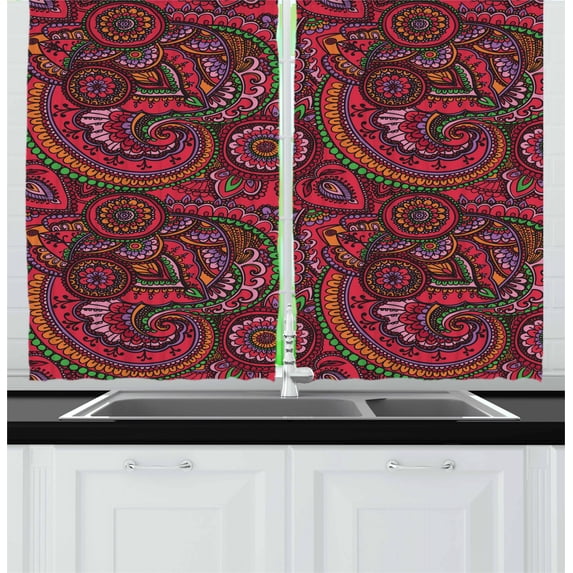 Ambesonne Colorful Kitchen Curtains, Traditional Art, 55"x45", Dark Coral Orange Green