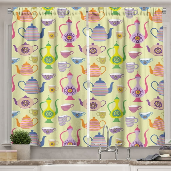 Ambesonne Colorful Kitchen Curtains, Various Teapots and Cups, 55"x39", Multicolor