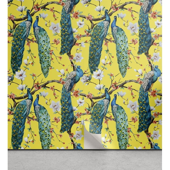 Ambesonne Colorful Peel & Stick Wallpaper for Home, Watercolor Peacocks Image, 13"x100", Pastel Yellow and Multicolor