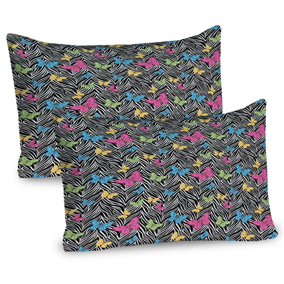 Ambesonne Colorful Pillow Sham 2 Pack, Butterflies on Zebra, 26"x20", Yellow Blue Pink