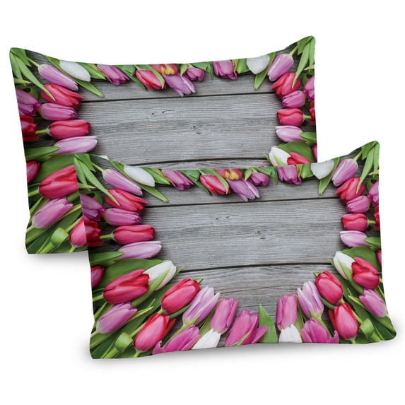 Ambesonne Colorful Pillow Sham 2 Pack, Frame of Fresh Tulips, 26"x20", Pink Green Umber