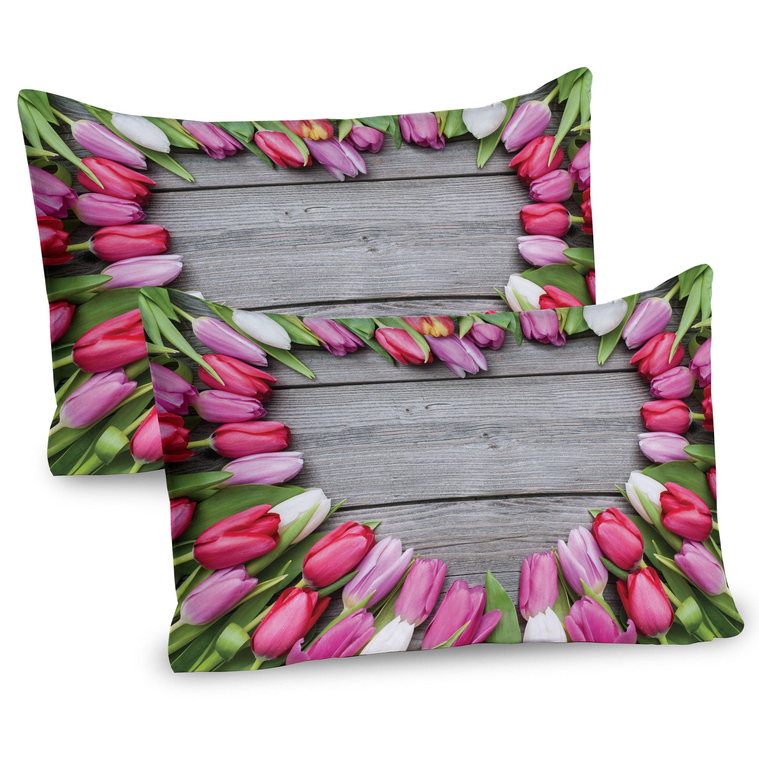 Pink Green Umber Tulip Frame Microfiber Pillow Shams, 2 Pack