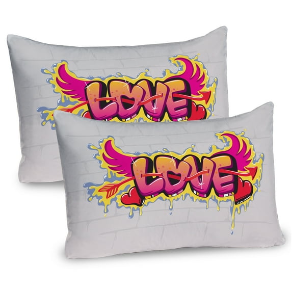 Ambesonne Colorful Pillow Sham 2 Pack, Love Words on Brick, 30"x20", Yellow Beige Pink