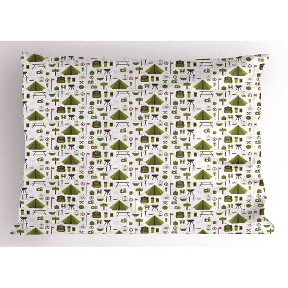 Ambesonne Colorful Pillow Sham, Backpack Tent Camping Art, 36" X 20", Olive Green Brown and Coral