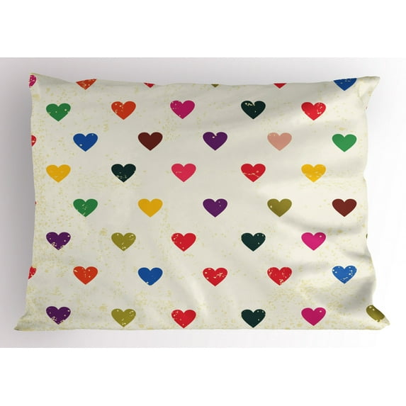 Ambesonne Colorful Pillow Sham, Distressed Hearts Love, 26" X 20", Multicolor