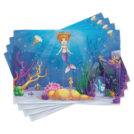 Ambesonne Colorful Place Mats Set of 4, Cartoon Mermaid Fish, Standard Size, Multicolor