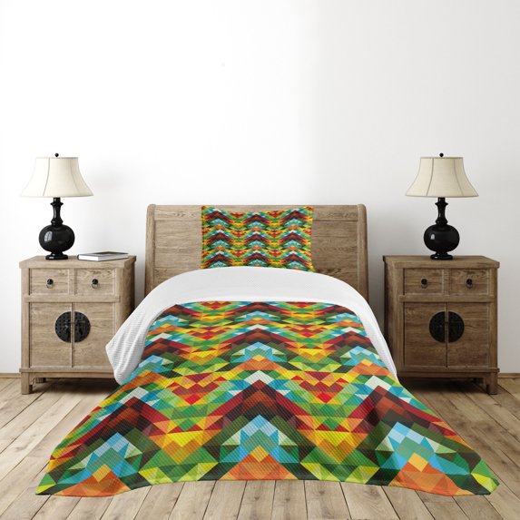 Ambesonne Colorful Quilted Bedspread Set 2 Pcs, Abstract Optic Pattern, Twin Size, Multicolor
