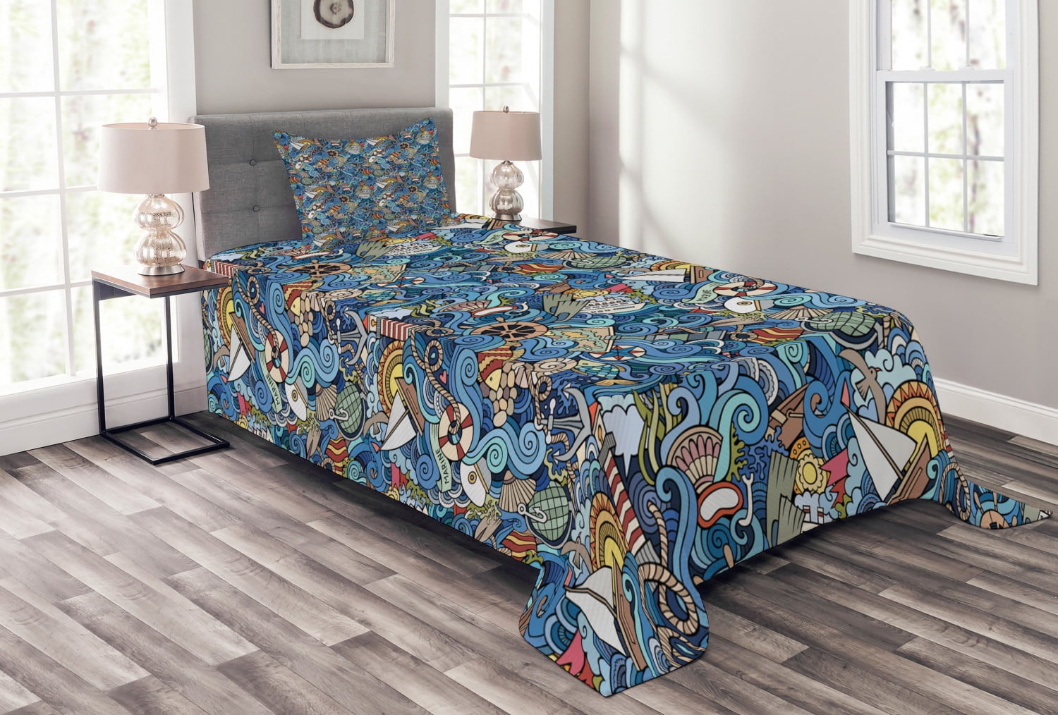 Twin White and Multicolor Quilted Bedspread Set