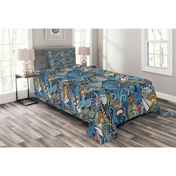 Ambesonne Colorful Quilted Bedspread Set 2 Pcs, Abstract Sea Shells, Twin Size, Blue Multicolor