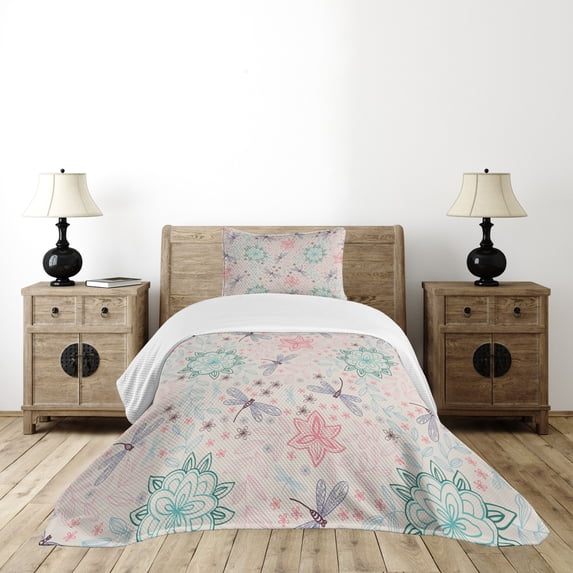 Ambesonne Colorful Quilted Bedspread Set 2 Pcs, Bohem Dragonfly, Twin Size, Multicolor