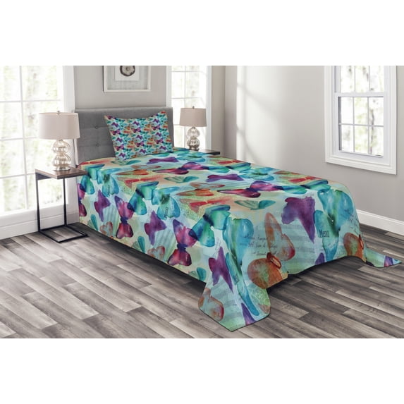 Ambesonne Colorful Quilted Bedspread Set 2 Pcs, Butterflies Letterings, Twin Size, Multicolor