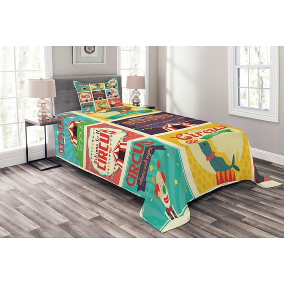 Ambesonne Colorful Quilted Bedspread Set 2 Pcs, Carnival Old Circus, Twin Size, Multicolor