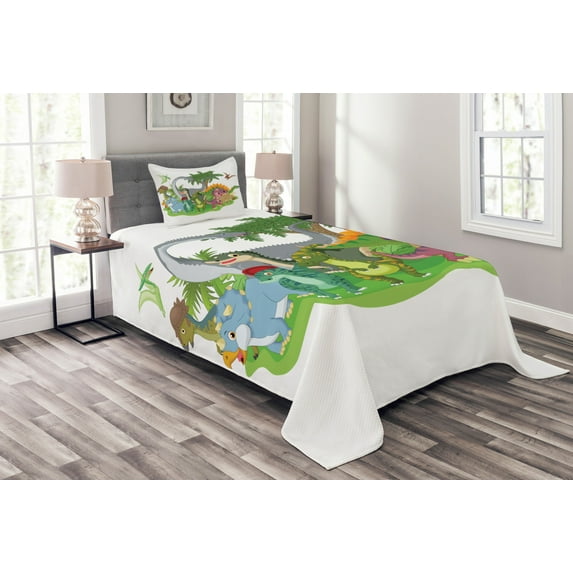 Ambesonne Colorful Quilted Bedspread Set 2 Pcs, Cartoon Group Dinosaur, Twin Size, Multicolor
