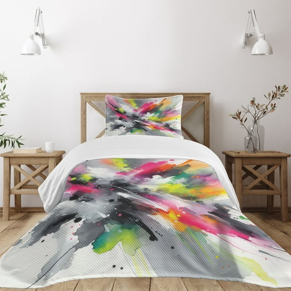 Ambesonne Colorful Quilted Bedspread Set 2 Pcs, Contemporary Jumble Tones, Twin Size, Pale Grey Multicolor