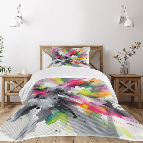 Ambesonne Colorful Quilted Bedspread Set 2 Pcs, Contemporary Jumble Tones, Twin Size, Pale Grey Multicolor