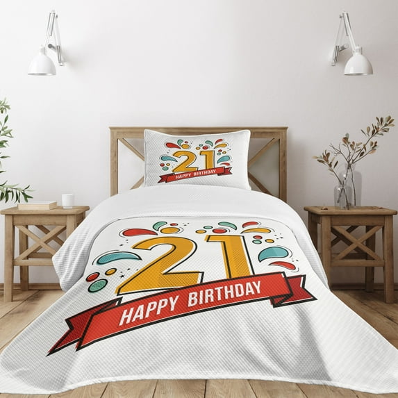 Ambesonne Colorful Quilted Bedspread Set 2 Pcs, Digital 21 Birthday, Twin Size, Multicolor