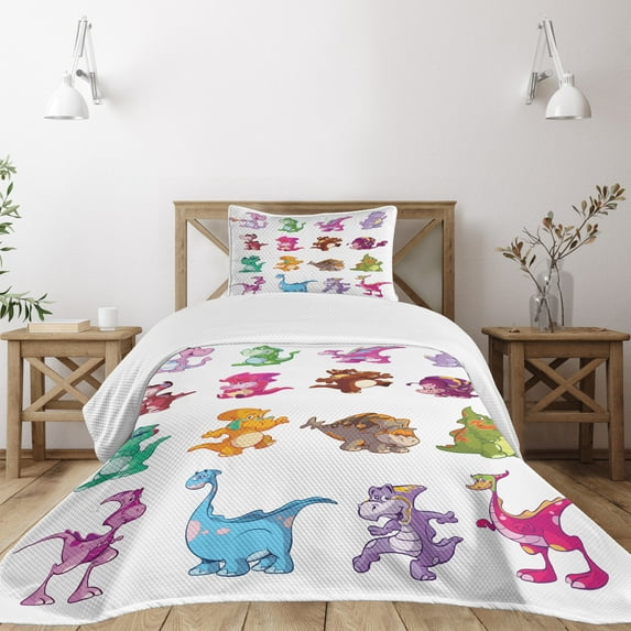 Ambesonne Colorful Quilted Bedspread Set 2 Pcs, Dinosaurs Extinction, Twin Size, Multicolor