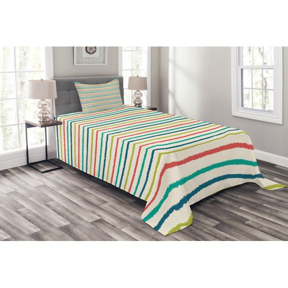 Ambesonne Colorful Quilted Bedspread Set 2 Pcs, Doodle Paralel Lines, Twin Size, Multicolor