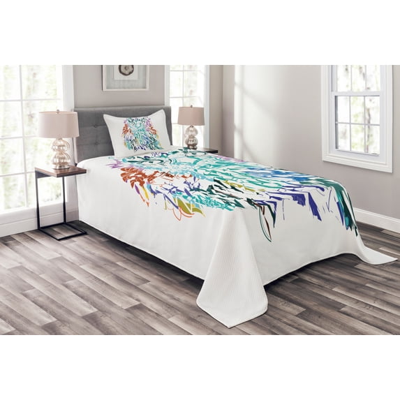 Ambesonne Colorful Quilted Bedspread Set 2 Pcs, Feathers Eyes Vision, Twin Size, Multicolor