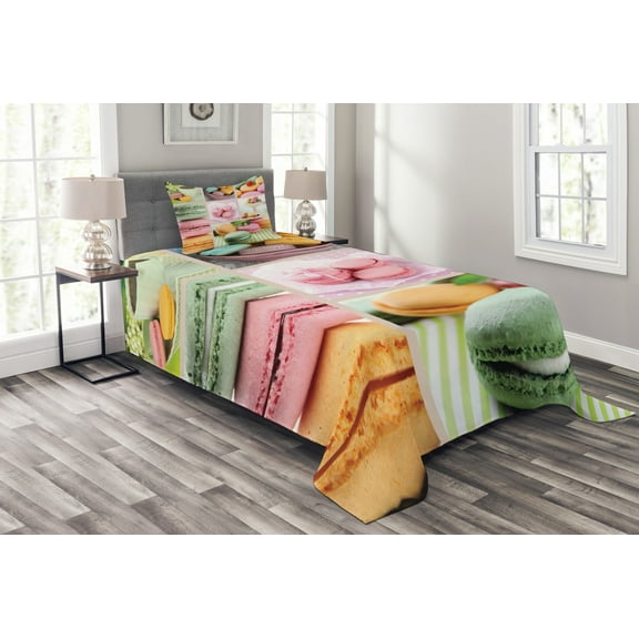 Ambesonne Colorful Quilted Bedspread Set 2 Pcs, French Macaroon Coffee, Twin Size, Multicolor
