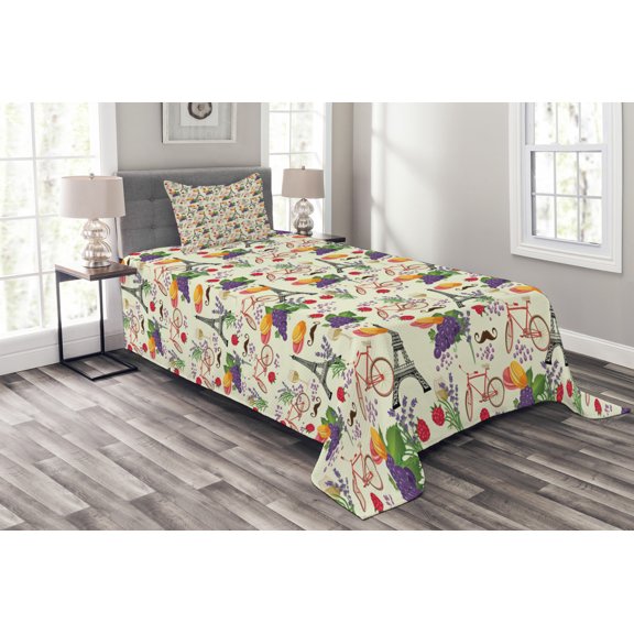 Ambesonne Colorful Quilted Bedspread Set 2 Pcs, French Wine Macarons, Twin Size, Multicolor