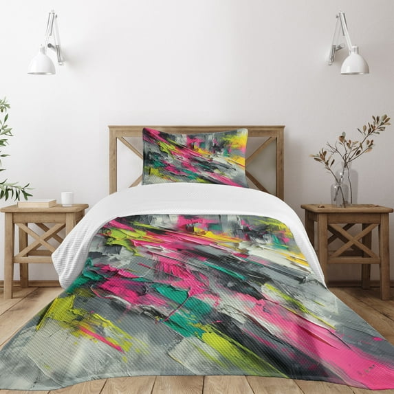 Ambesonne Colorful Quilted Bedspread Set 2 Pcs, Futurist Painting Strokes, Twin Size, Hot Pink Lime Green Teal