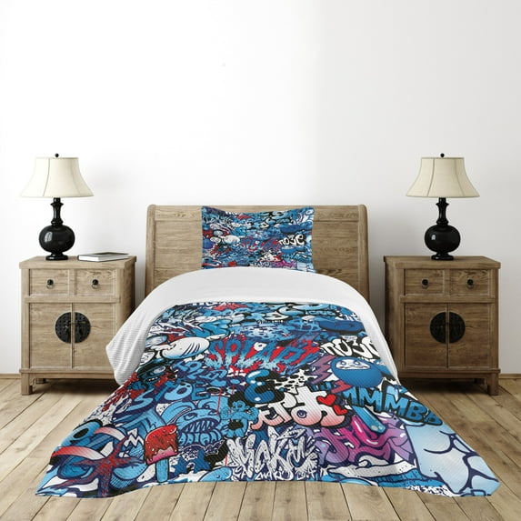 Ambesonne Colorful Quilted Bedspread Set 2 Pcs, Graffiti Street Art, Twin Size, Multicolor