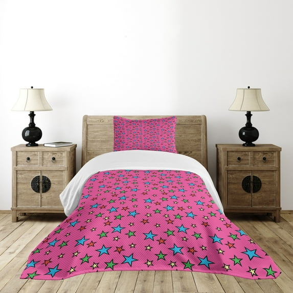 Ambesonne Colorful Quilted Bedspread Set 2 Pcs, Hot Pink Retro Stars, Twin Size, Multicolor