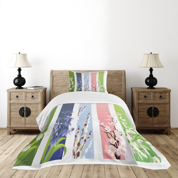 Ambesonne Colorful Quilted Bedspread Set 2 Pcs, Lily Primrose Valley, Twin Size, Multicolor